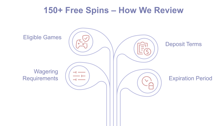 Infographic: How we rate casinos with 150+ free spins — wagering requirements, expiry period, eligible games, deposit T&Cs for no-deposit offers