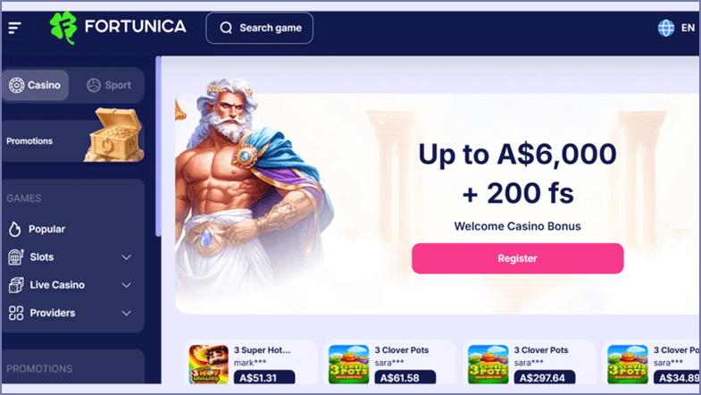 Fortunica Casino: Up to A$6000 and 200FS No Deposit Bonus